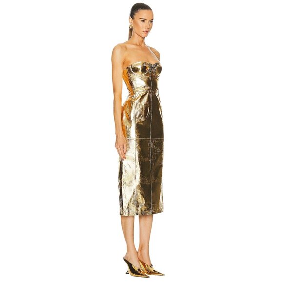 Blumarine Strapless Midi Dress in Gold 42 New Womens Leather Strapless - Picture 3 of 16